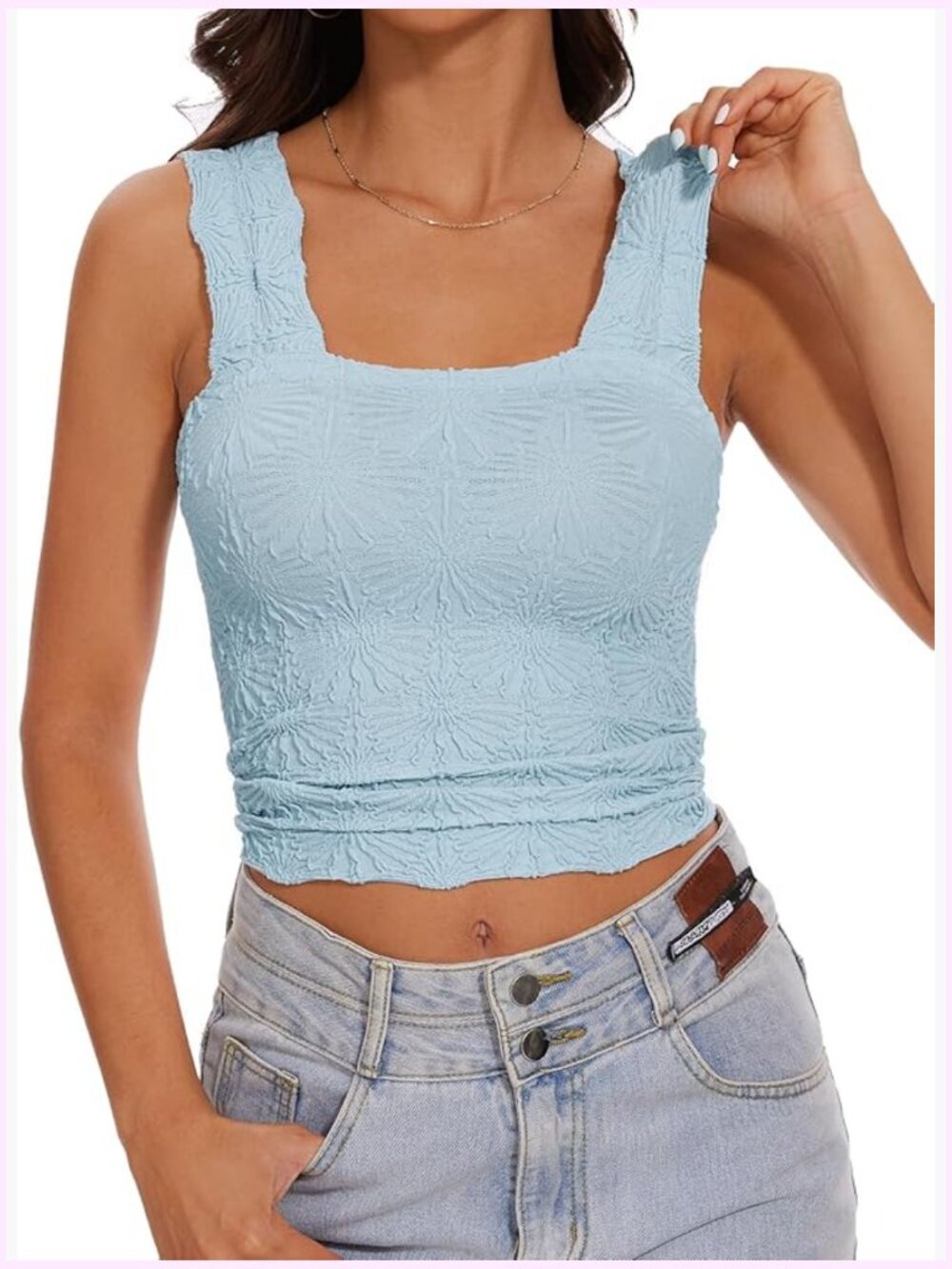 Square Neck Wide Strap Flower Cropped Tank Top Backless Lettuce Trim Slim Fit